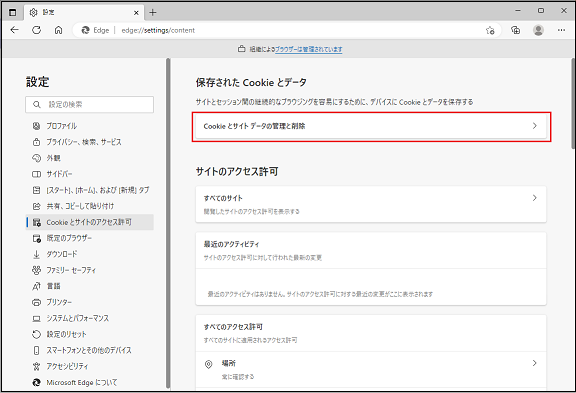 Cookie とサイトデータの管理と削除を選択
